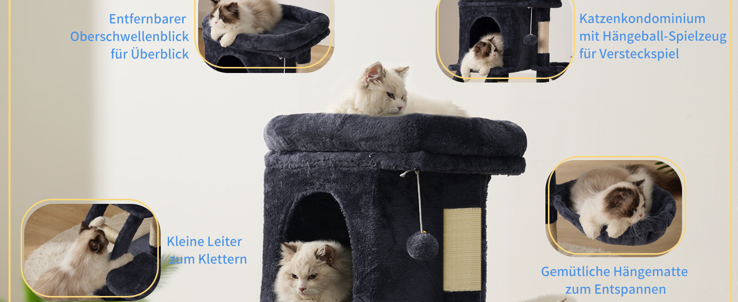 Кігтеточка для котів Heybly HCT009SM сірого кольору, 75 см, з платформою, печерою, гамаком та драбиною