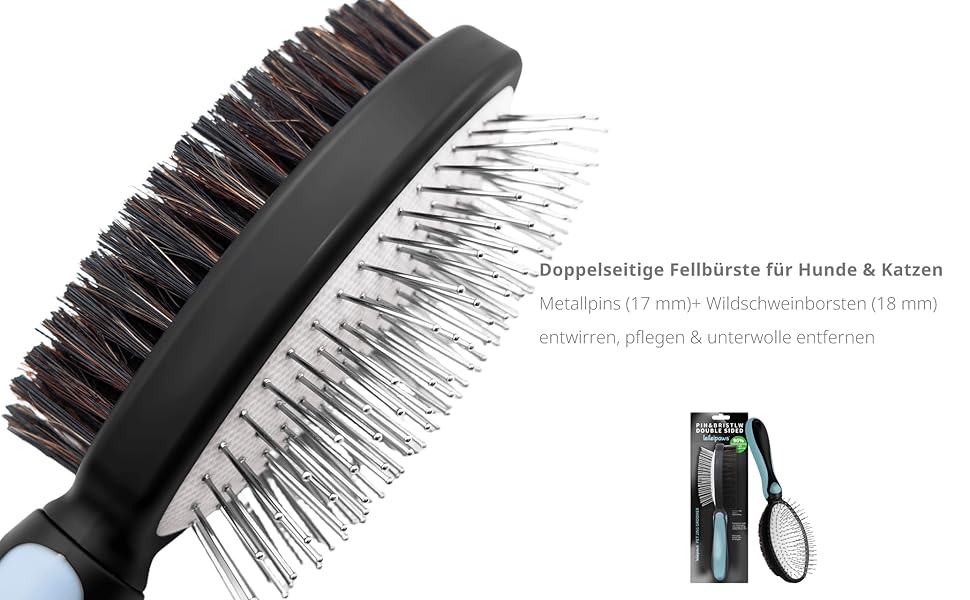Двостороння щітка для собак та котів – вичісувальний гребінь для довгої та короткої шерсті, металеві щетинки та натуральна щетина, ергономічна ручка TPR, м'який та ефективний догляд за шерстю (Синьо-Чорний)