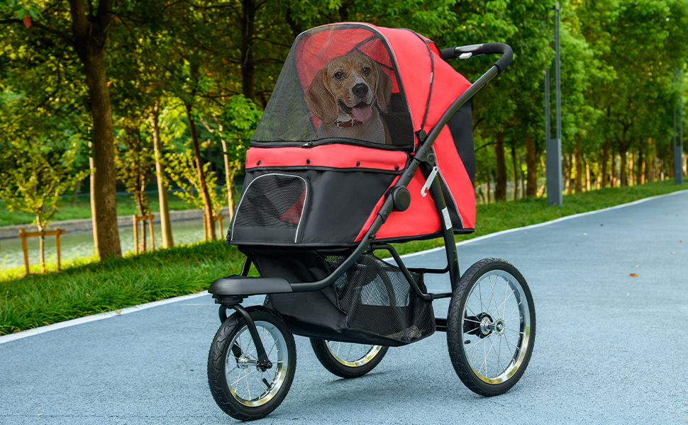 Візок для собак та котів PawHut, складаний, до 20 кг, з колесами для бездоріжжя, килимком, сітковими вікнами та дверима, з кошиком для зберігання, темно-зелений (червоний)