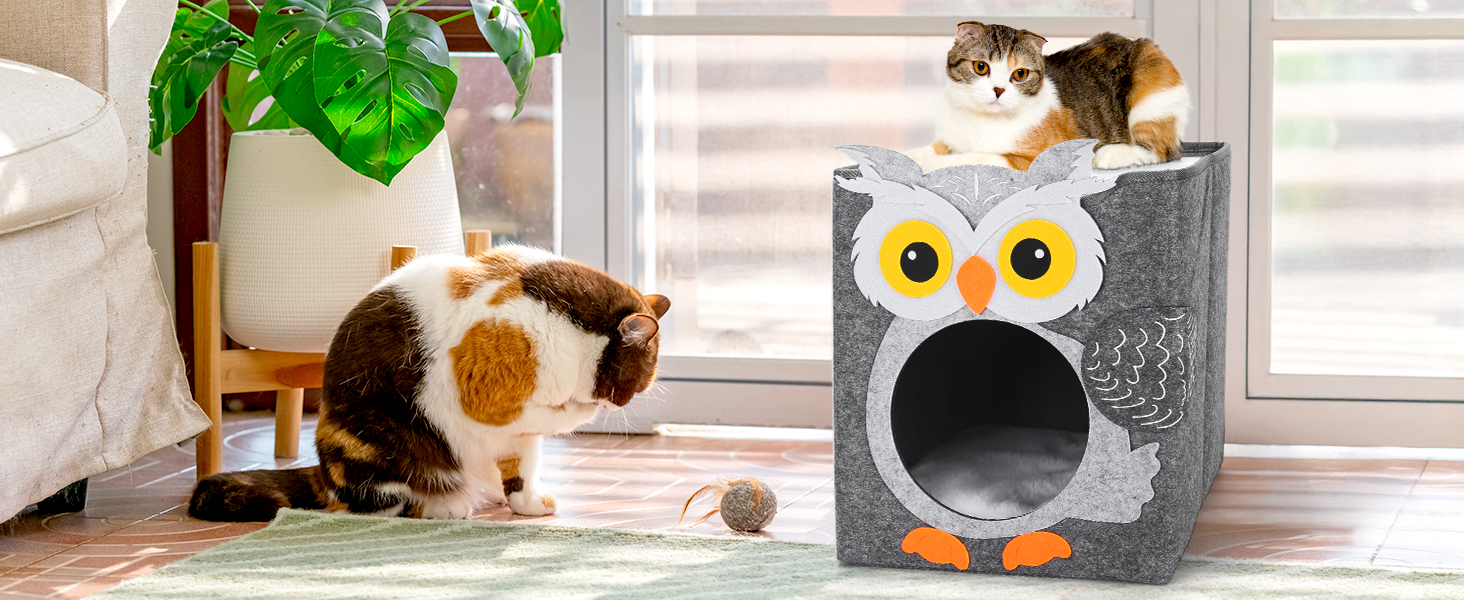 Двоповерховий будиночок для котів Dripex з фетру з подушкою, 30 x 35 x 35 см (Сова)