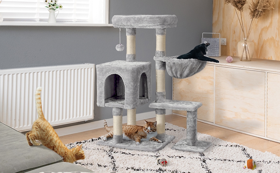 Кігтеточка для котів Yaheetech, 96 см, з корзиною-будиночком та сизалевим покриттям, кліматична колона, сірий колір