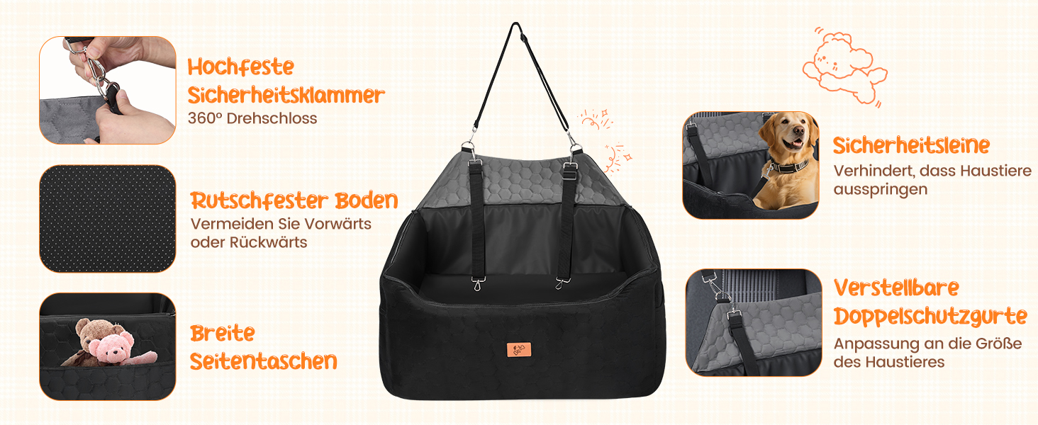 Автомобільний лежак для собак середніх та великих порід 78x55x53 см, знімний, миючий, з поводом, водонепроникний чохол, для великих собак