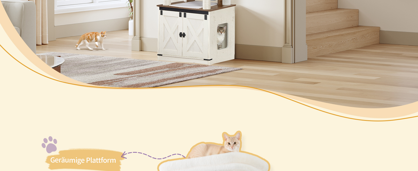 Драбина-кіготь для котів з туалетом, годівницею, 173 см, велика платформа, мотузка сизаль, гамак, знімний килимок, іграшки-кульки, білий та коричневий колір CB89014WT