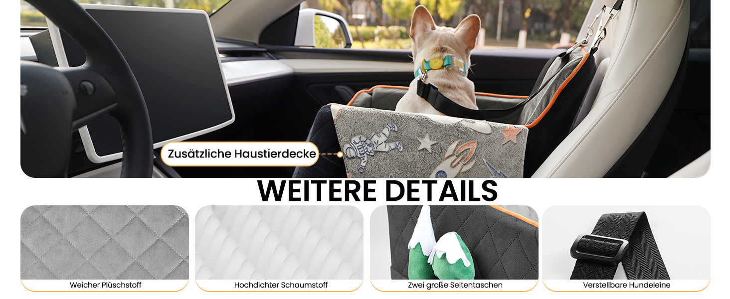 Автокрісло для собак HiPetpy – зручне автоліжко з підстилкою та подушкою для собак до 14 кг, з безпечним ременем, неслизьке автоліжко з кишенями для зберігання (сірий)