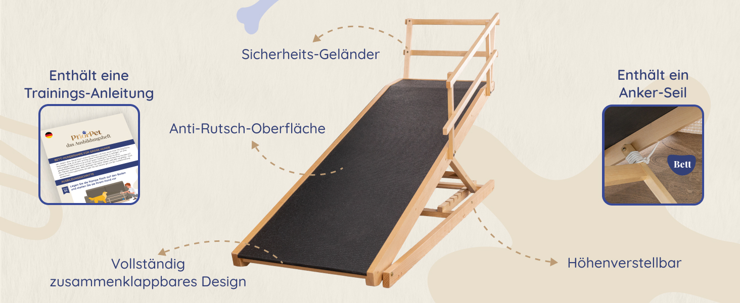 Сходинки для собак до ліжка з поручнями - для великих собак до 90 кг - регульована висота до 94.5 см - ширина 49.5 см - складаються - антиковзні ручки - з натурального березового дерева - колір натуральний