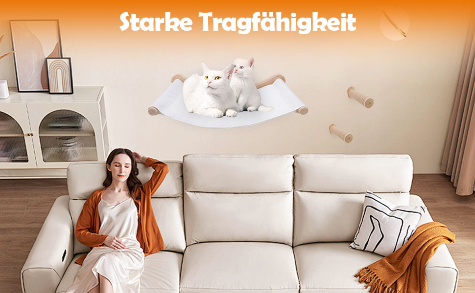 Настінна гамак для котів, комплект для лазіння з масиву дерева з котячою сходинкою - стабільне котяче ліжко, економне місце для сну, лазіння та відпочинку (гамак для котів + 2 сходинки)