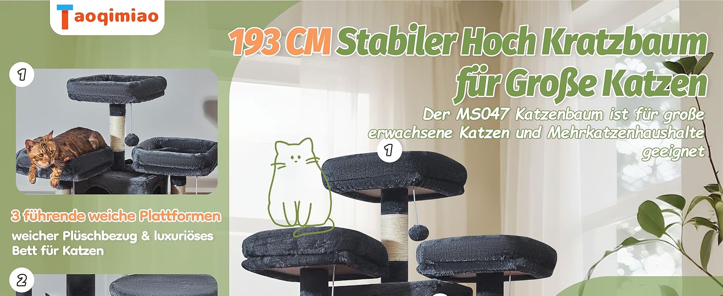 Котячий будиночок Taoqimiao 193 см XXL: великий, стабільний, з 2 будиночками, 7 стовпчиками для дряпання, гамаком та кошиком (MS047G, сірий)