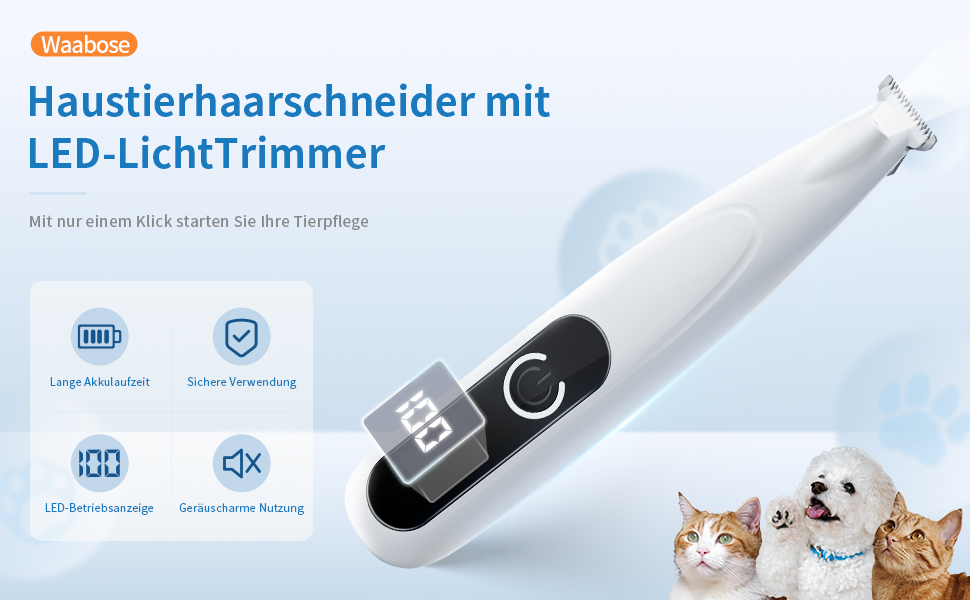 Триммер для догляду за лапами собак та котів з LED-підсвіткою, цифровим дисплеєм, вологостійкий, бездротовий, тихий, USB-зарядний, професійний