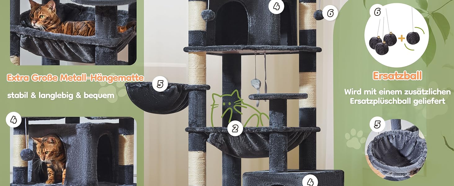 Котячий будиночок Taoqimiao 193 см XXL: великий, стабільний, з 2 будиночками, 7 стовпчиками для дряпання, гамаком та кошиком (MS047G, сірий)