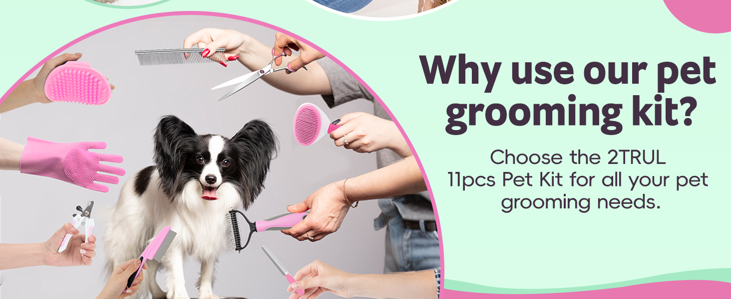Набір для догляду за домашніми тваринами 10 предметів: щітка для собак проти випадіння шерсті з обрізачем кігтів та тримером, аксесуари для догляду за собаками/кішками, гребінець для видалення ковтунів + аксесуари для купання для всіх тварин
