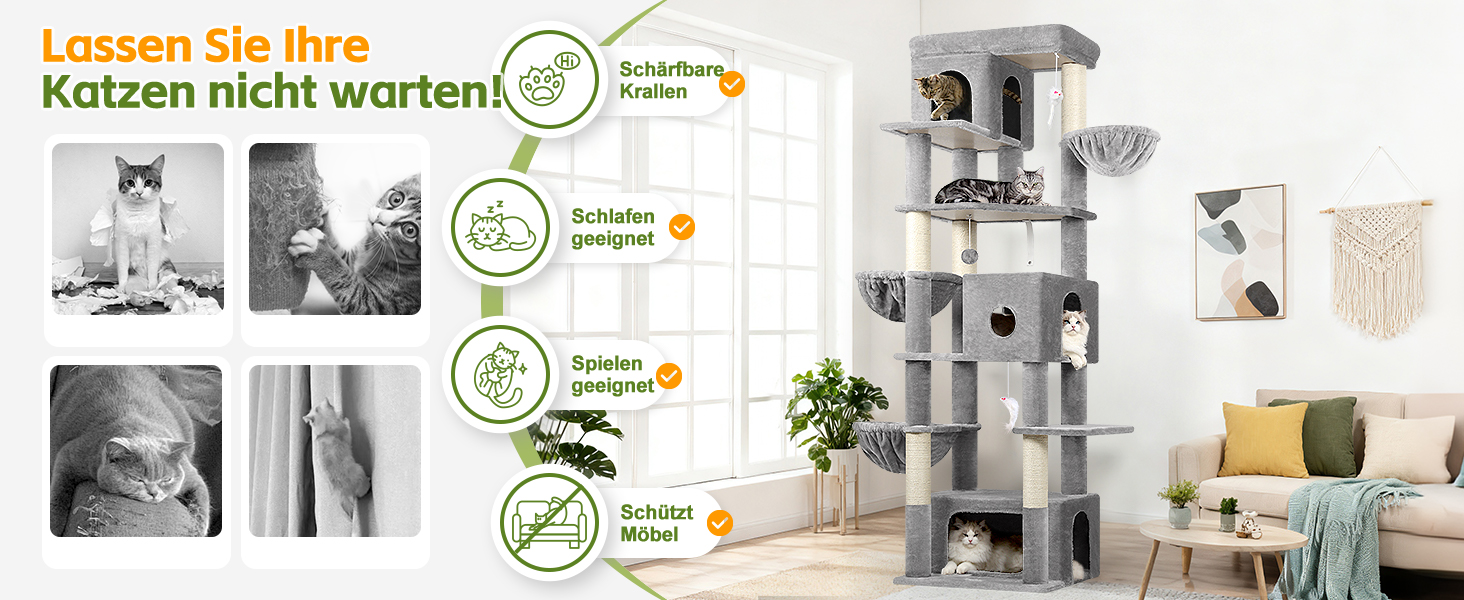 Драбина для котів Globlazer 204 см з 3 будиночками, 2 великими платформами, 3 м'якими кошиками, стабільна для 3-5 котів, для відпочинку, ігор та дряпання, сірий колір (XXL)