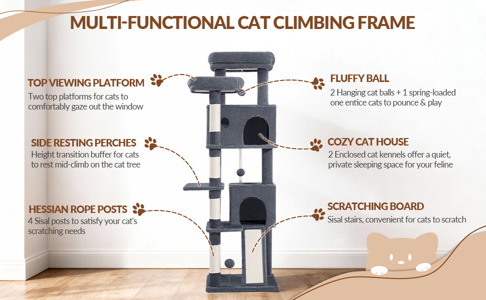 Котячий будиночок Kratzbaum 178 см, великий, стабільний з когтеточками, лежаками та платформами, сірий
