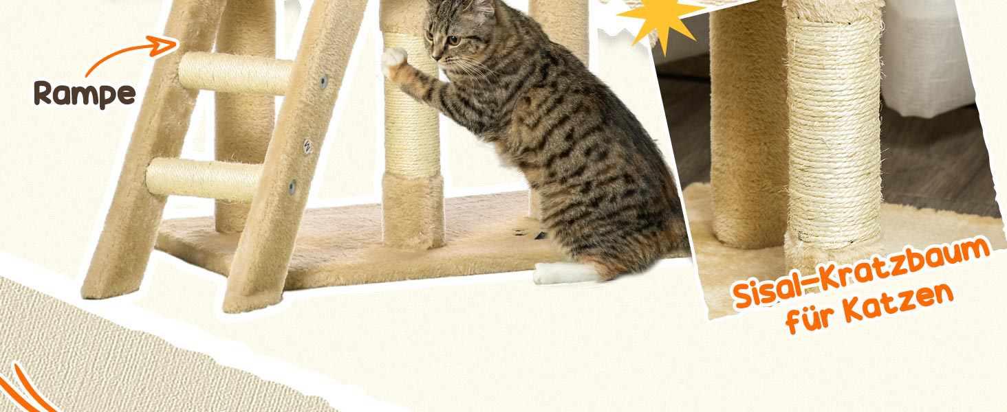 Кігтеточка PawHut для котів 134,2 см з будиночком, 2 іграшки, сизалова колона, велика платформа, сходи, багатоповерхова, для середніх котів, сірий+білий (бежевий+білий)