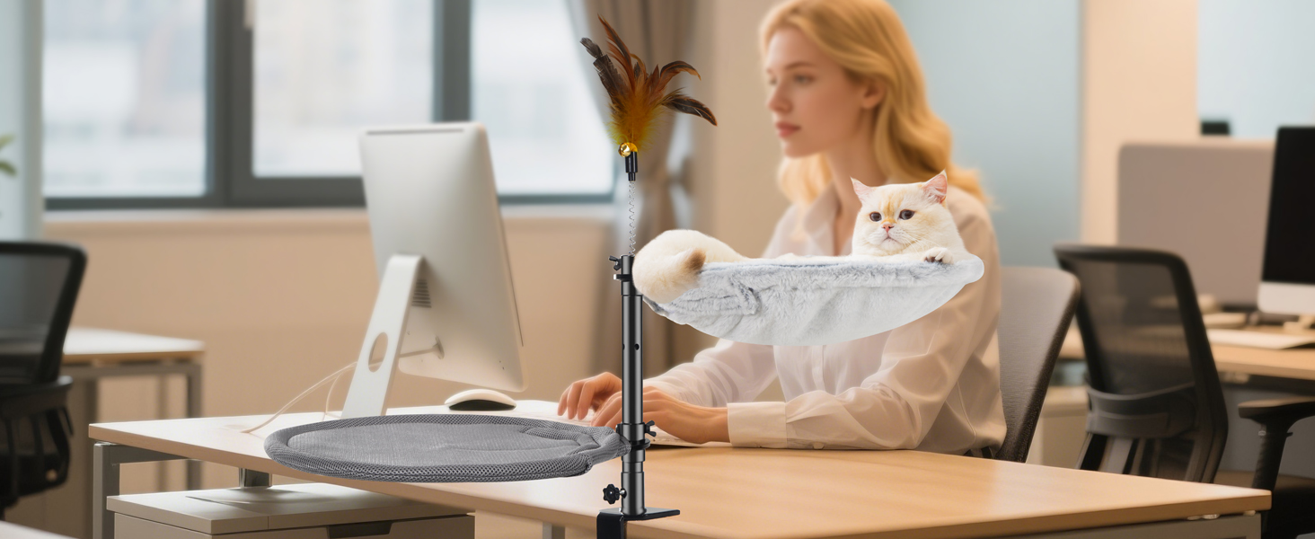 Крісло-лежанка для кота Uross на стіл - 360° обертання та регулювання висоти, м'яка гамачок для котів з 2 знімними чохлами, місце для сну для дому/офісу - для цілорічного використання (двошарове, сіре)