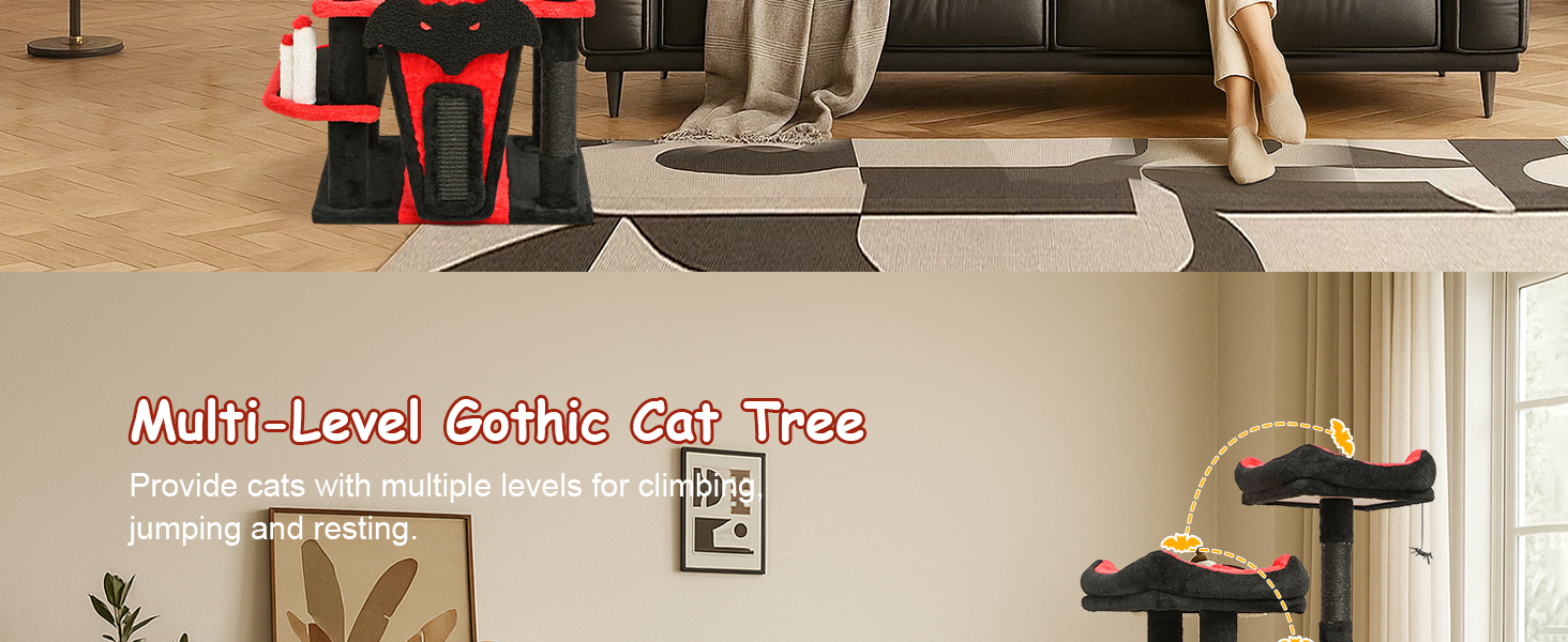 Драматичний котячий комплекс BYBYME в готичному стилі для Хелловін, 158 см, стабільний набір меблів для котів з ліжком, будиночком, гамаком, стовпчиками з сизалю, багатофункціональна котяча ігрова вежа (Чорний/Червоний)
