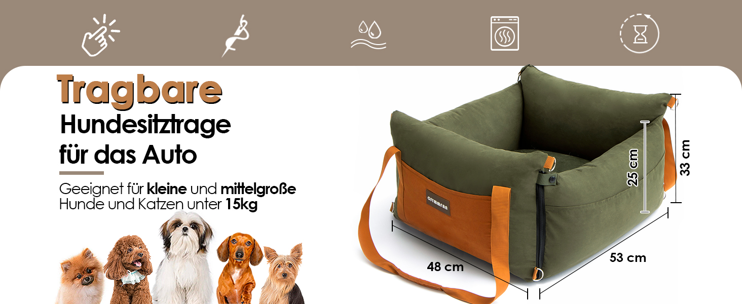 Автомобільний лежак для собак маленьких та середніх порід (до 15 кг), з висувною зоною відпочинку, знімний та пральний, з кишенями та ременем безпеки, зелений