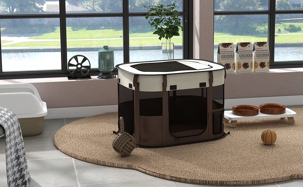 PawHut Вольєр для собак, переносна клітка-вольєр для домашніх тварин, складаний вольєр для собак та котів з сумкою для зберігання, 114 x 89 x 59 см, (Колір: Коричневий, Розмір: S)