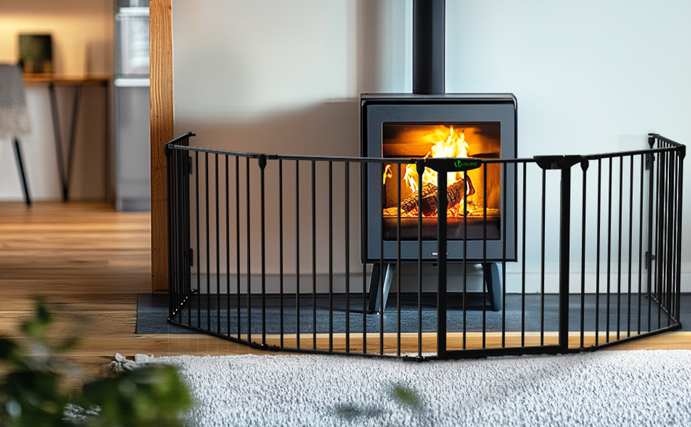 Захист для каміну Vounot - сітка металева, 5 елементів, з дверцятами, чорна 300x75 см (375 см у складеному стані)