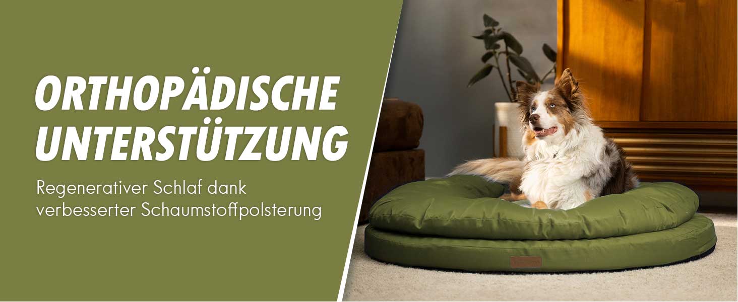 Ортопедичне ліжко для собак ClevaHome, кругла форма, водонепроникне, з двошаровою підкладкою, антиковзаюче, знімний чохол, оливковий колір, розмір L