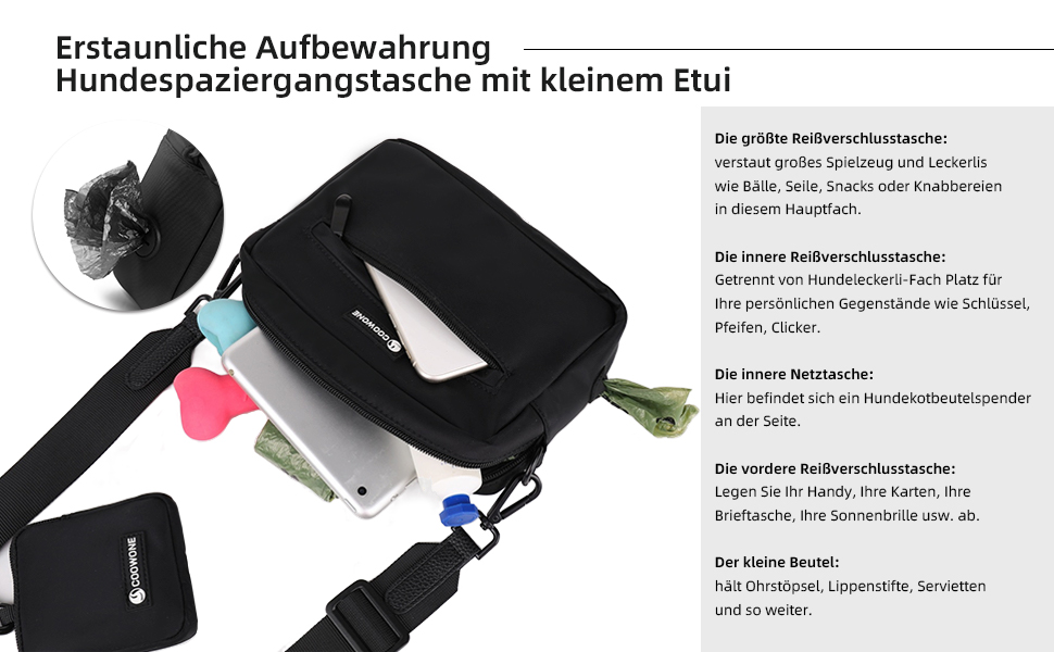 Сумка для ласощів для собак COOWONE - водонепроникна сумка для прогулянок з інтегрованим диспенсером для пакетів, чорна