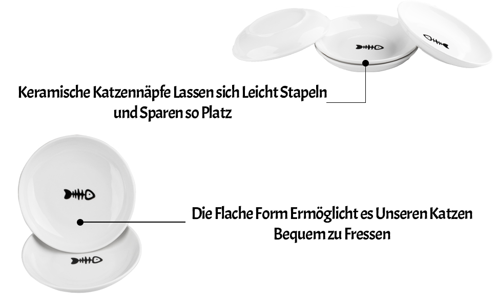 Набір мисок для котів CROUTE (6 шт.) - керамічні, плоскі, анти-високочування, білий (візерунок 'Рибка')