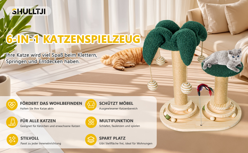 Інтерактивне котяче іграшкове комбо 6-в-1: дерев'яні меблі, кулі, пір'я, м'яч-трекер, котячий когтеточки з сизалю та джуту. Підходить для маленьких та середніх котів. Зелений колір.
