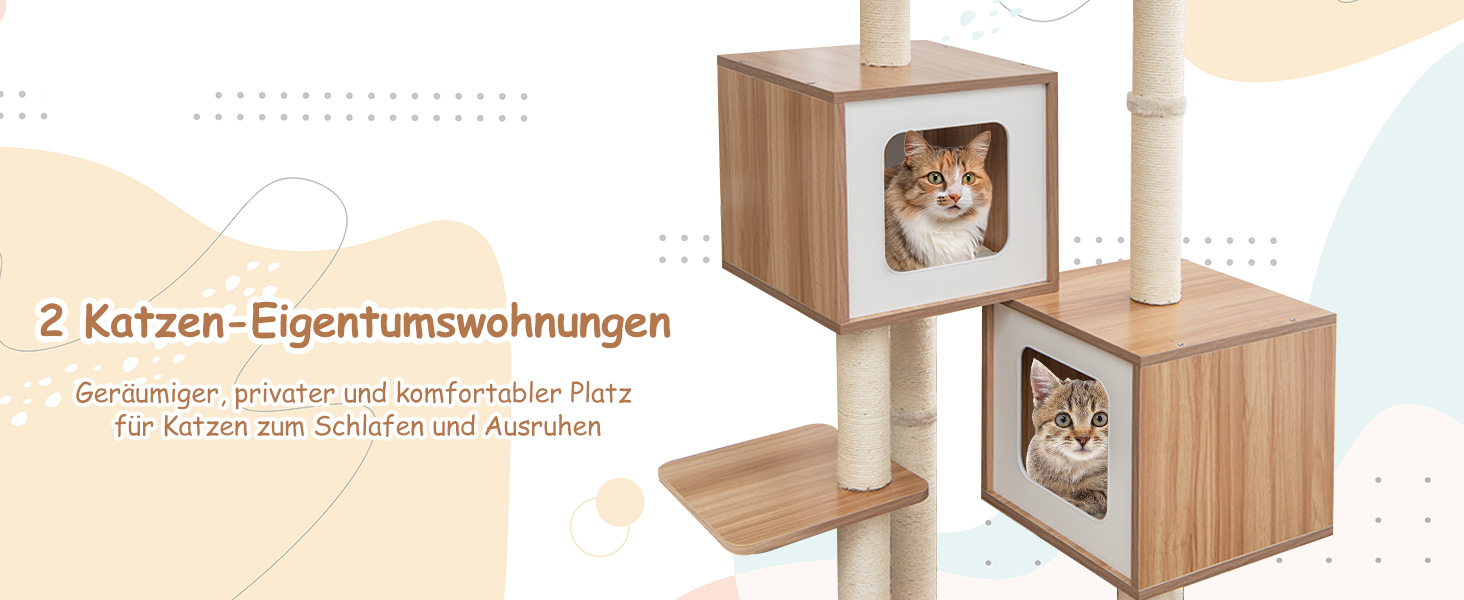 Дерев'яний кігтеточки COSTWAY 163 см, 6-ярусний, з 2 печерами, 2 килимками та 3 іграшками, для котів, бежевий+натуральний колір