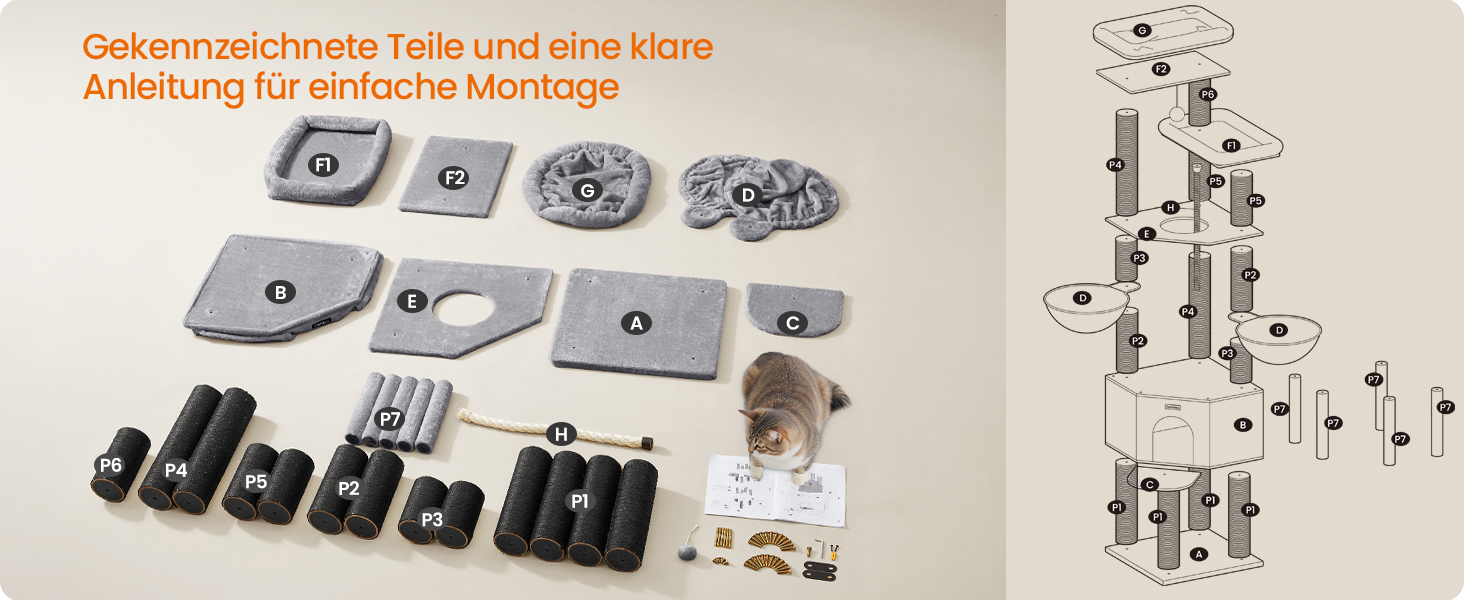 Кігтеточка Feandrea для котів, велика, багатоярусна, XXL, 55 x 55 x 186,7 см, товщина сизалю 11 см, для великих порід котів (Мейн-кун), сіро-чорна, артикул PCT008G02