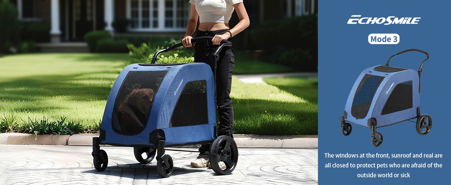 Візок для собак EchoSmile, середній та великий розмір, до 70 кг, складаний, з сітковими вікнами, регульована ручка, 4 проходимі колеса (блакитний)