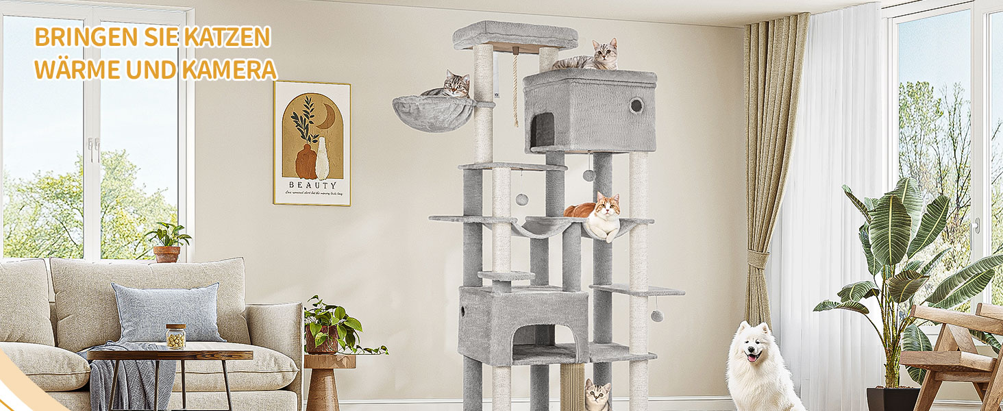 Котячий будиночок Hzuaneri XXL з 10 стовпчиками для дряпання, 2 печерами, 2 гамаками, великою платформою, щітками для котів, кошиком. Підходить для Maine Coon, великих котів, сірий колір MS20018LG