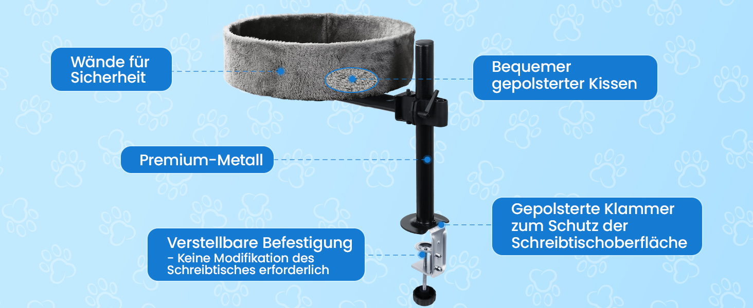 BSWAY Лежанка для кота на стіл - без свердління, 360° обертання, регульована висота. Підвищена котяча лежанка над столом. Тримає кошеня/кота близько, робочий простір чистий. (Темно-сірий, XL)