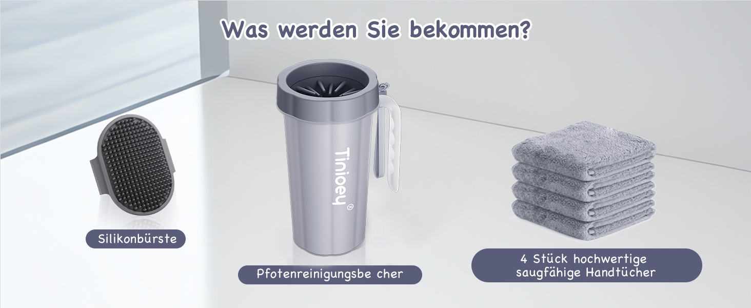 Очисник лап для великих собак Tinioey з ручкою | В комплекті 4 рушники та щітка для миття | Очисник лап для собак, аксесуари для собак великих порід (сірий)