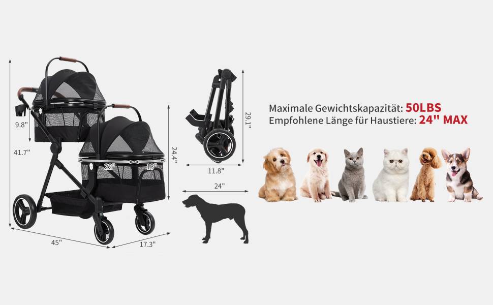 Складаний візок для собак та візок-буги для тварин до 15 кг, розкладний, з поводками безпеки, сітковими віконцями та місцем для зберігання, ідеальний для подорожей та прогулянок (Чорний, Подвійний)