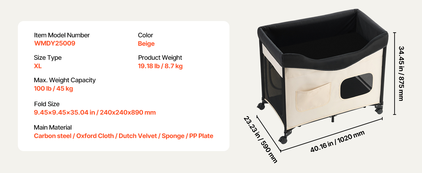 Підвищене ліжко для домашніх тварин VEVOR (XL), складне ліжко для собак з тканини 600D Oxford та голландського оксамиту, портативне дитяче ліжко з колесами та боковими кишенями, бежеве