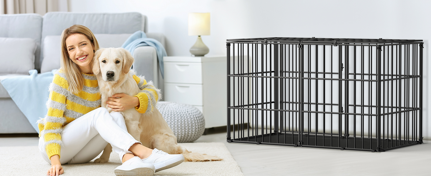 Міцний собачий переносний клітка Pawaboo 56 дюймів: надійний, з килимком, антивандальний, з металевим вольєром та замком, чорний