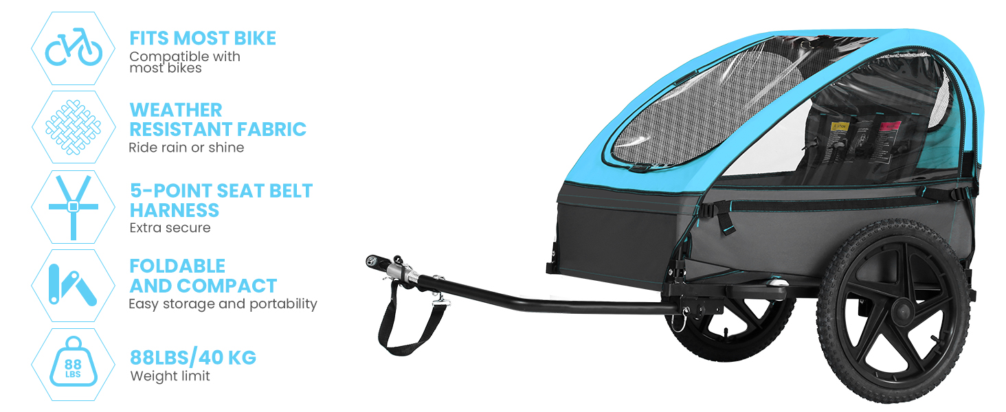 Дитячий велопричіп Sepnine для 2 дітей, від 12 місяців, з 5-точковим ременем та сумками, синій BT609