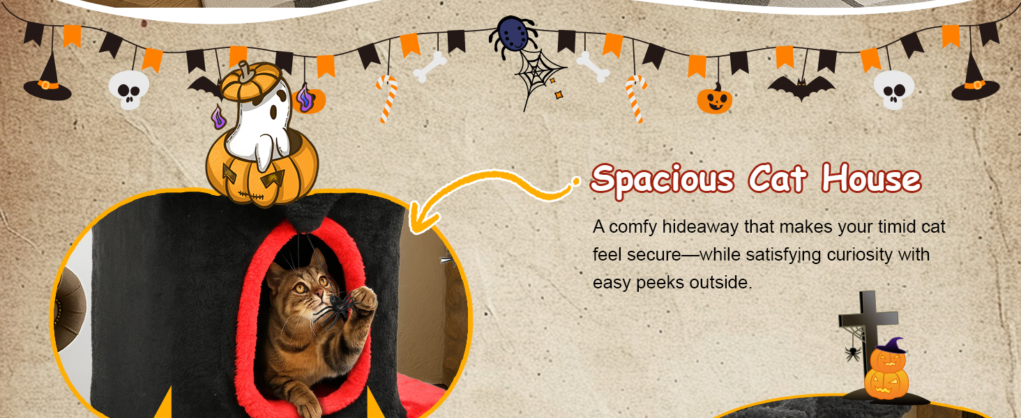 BYBYME Готичний кігтеточка для Хелловіну, 84.5 см, стійкий комплекс для котів з ліжком, будиночком, гамаком, кігтеточками з сизалю, багатофункціональна котяча іграшка (Чорний/Червоний), підлоговий, 96.5 см