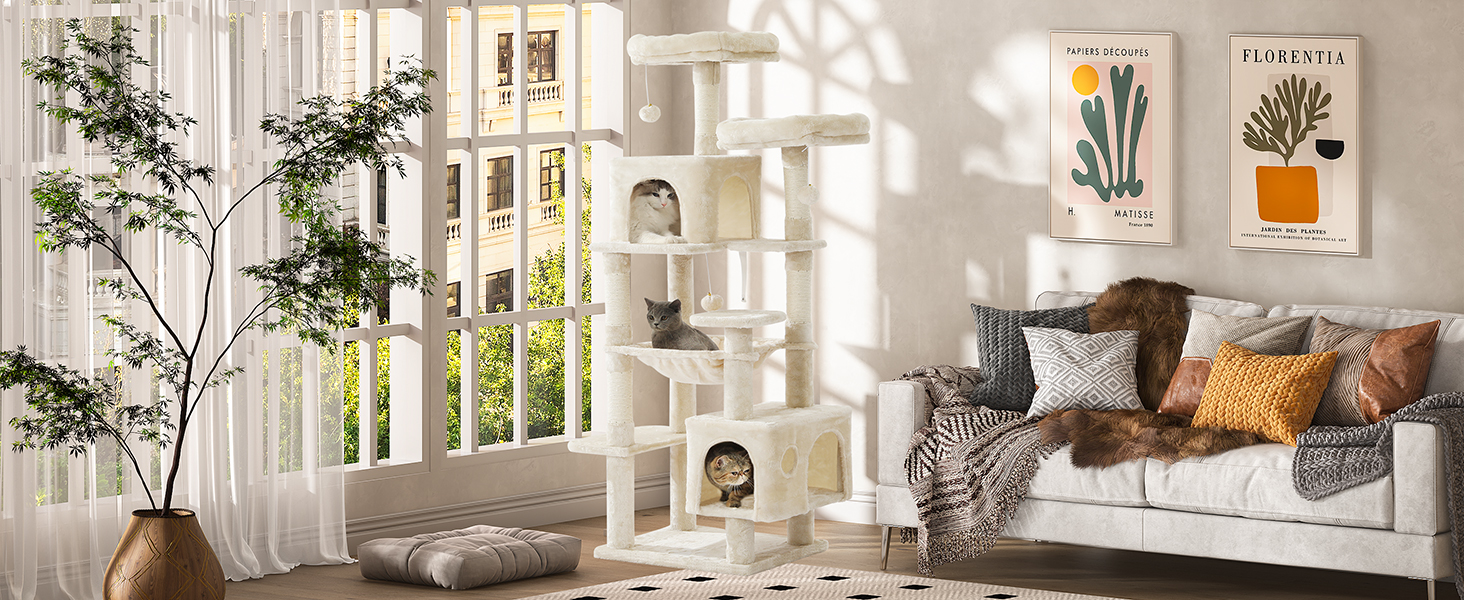 Кігтеточка для котів MSmask велика, стабільна, багатоярусна з 2 платформами, 2 будиночками, гамаком, сизалевими стовпчиками (Бежева, 160 см)