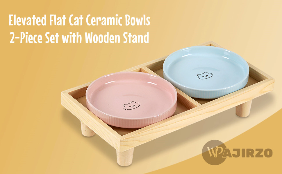 Миска для котів плоска керамічна з дерев'яною підставкою, піднята станція для годування з 2 керамічними мисками, миска для котів, діаметр миски 16 см для їжі та води, рожева & блакитна, блакитно-рожева