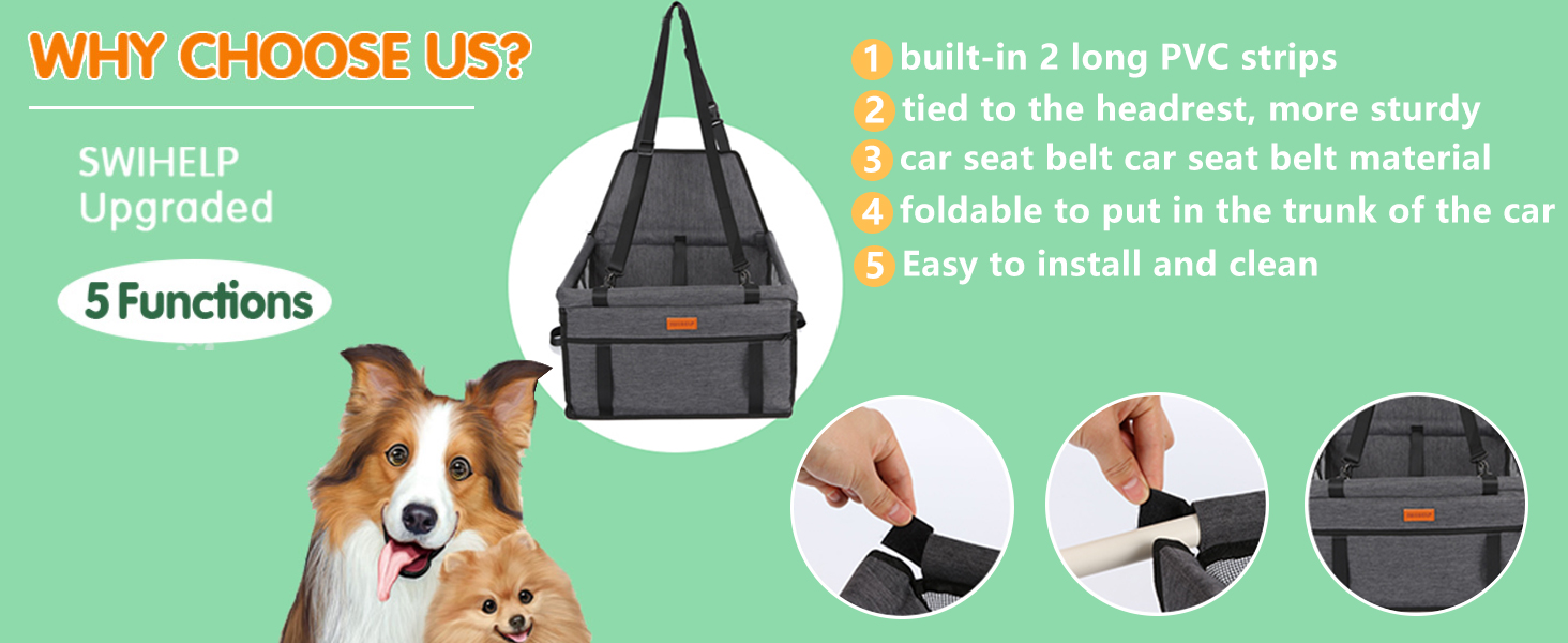 Автокрісло для собак - автокрісло для маленьких собак з ременем, водонепроникне, стабільне, для заднього та переднього сидіння, чорно-сірий (з PVC-трубою)
