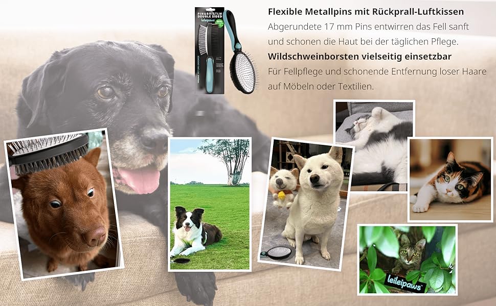 Двостороння щітка для собак та котів – вичісувальний гребінь для довгої та короткої шерсті, металеві щетинки та натуральна щетина, ергономічна ручка TPR, м'який та ефективний догляд за шерстю (Синьо-Чорний)