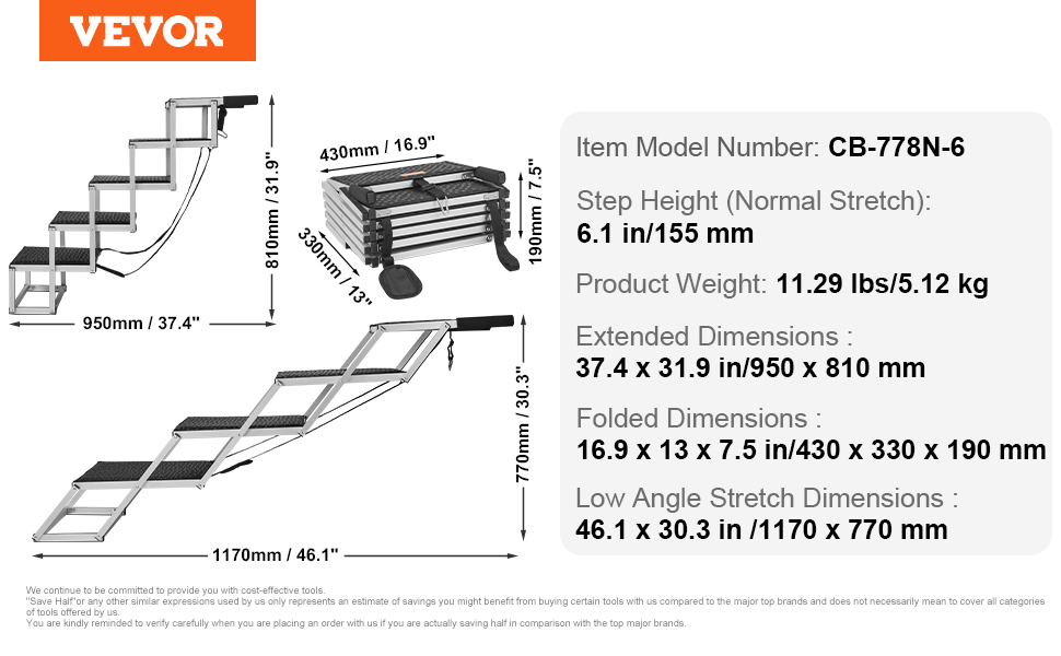 Сходинка для собак VEVOR - 5 сходинок, 77-81 см, для авто, SUV та LKW. Легка та складана, з антиковзким покриттям