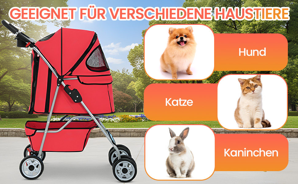 Візок для собак FDW, складний, для котів та собак з обертовими колесами на 360°, з кошиком для зберігання, подушкою та сітчастими віконцями, тримачем для напоїв, до 15 кг, червоний