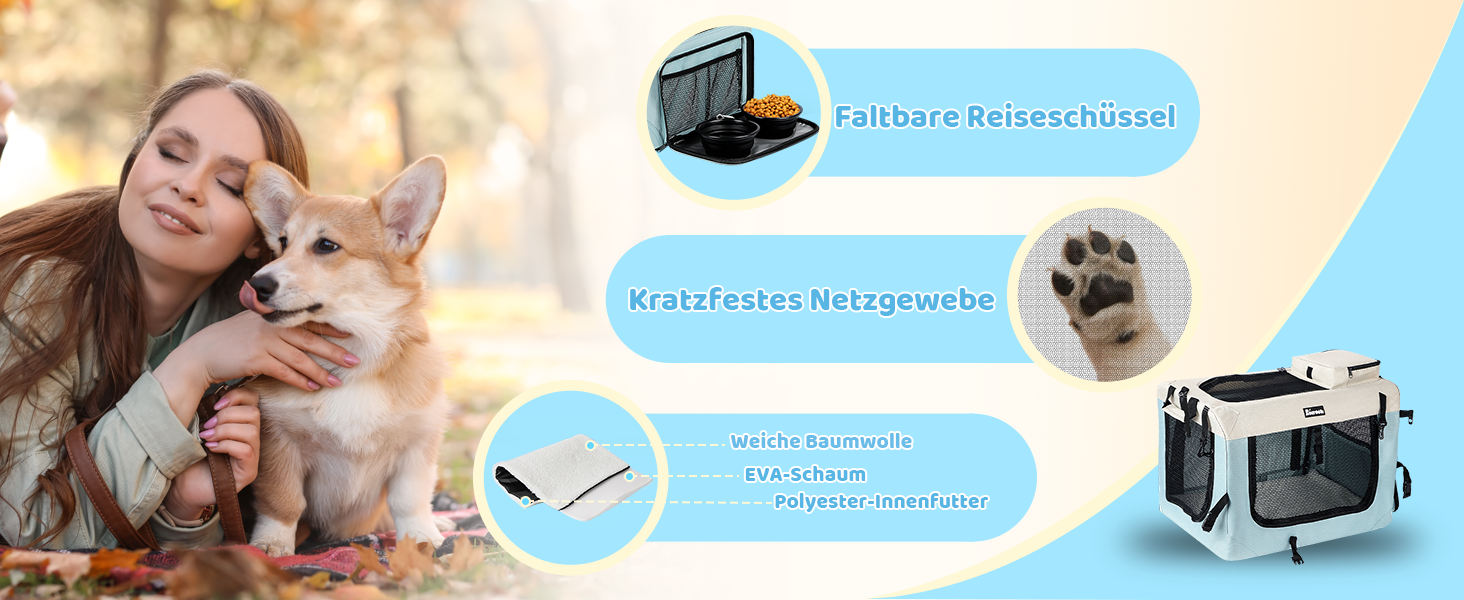 Транспортна переноска для собак та котів Reerooh Hundebox M, 60x42x42 см, складана, з мискою, блакитна