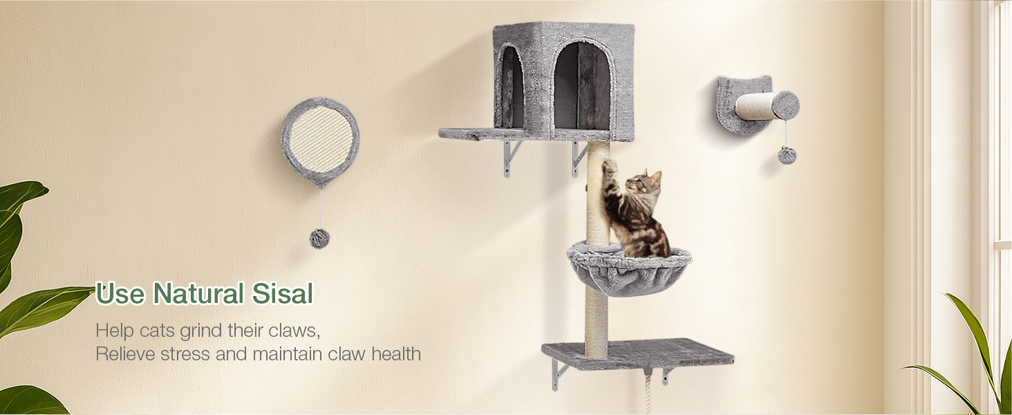 Комплекс для котів BYBYME з гамаком, ліжком та високими полицями, 6 предметів. Міцний, з плюшем, сизалевим покриттям та крізьовим покриттям. Для кількох котів. (Світло-сірий)