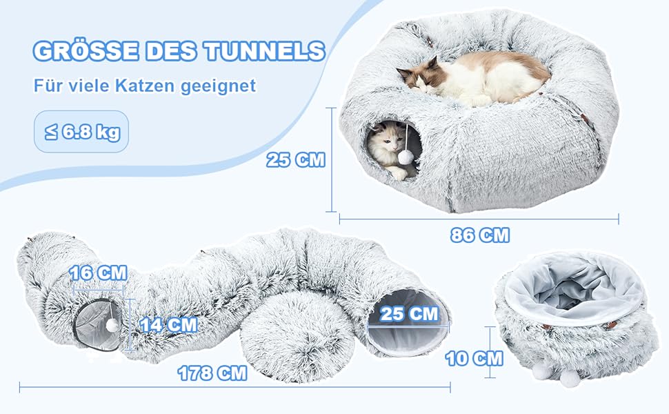 Туннель-іграшка для котів Jiupety з місцем для сну, великий, сірий, з підвісними кульками