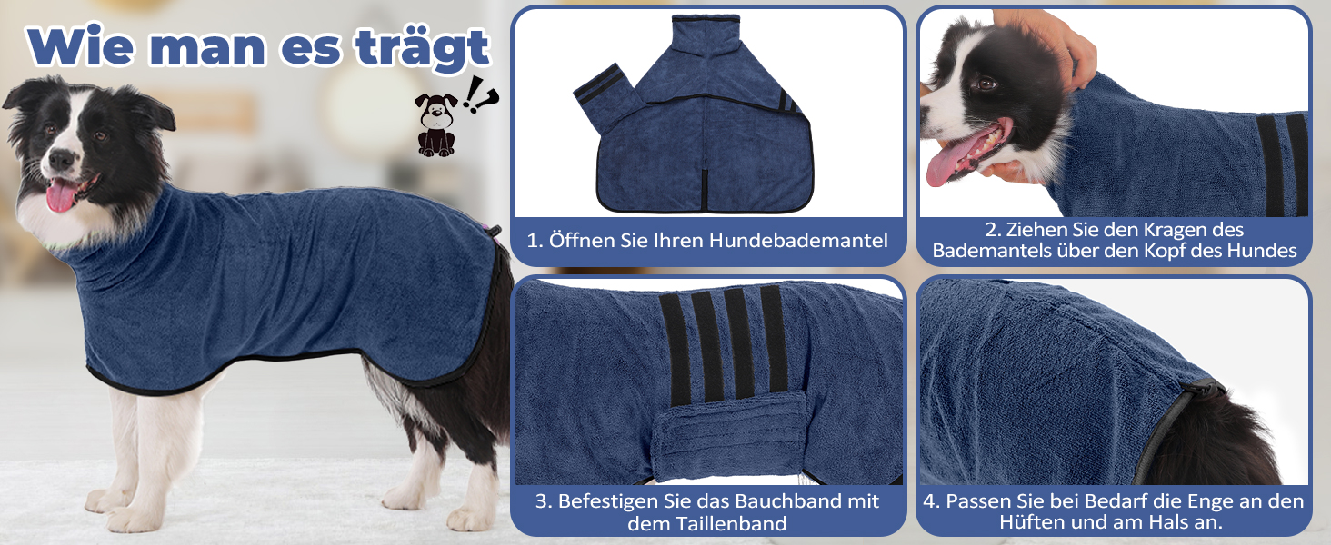 Рушник для собак з мікрофібри, халат для собак середніх та великих порід, швидковисихаючий, халат для собак з клямками (темно-синій XXL 2XL)