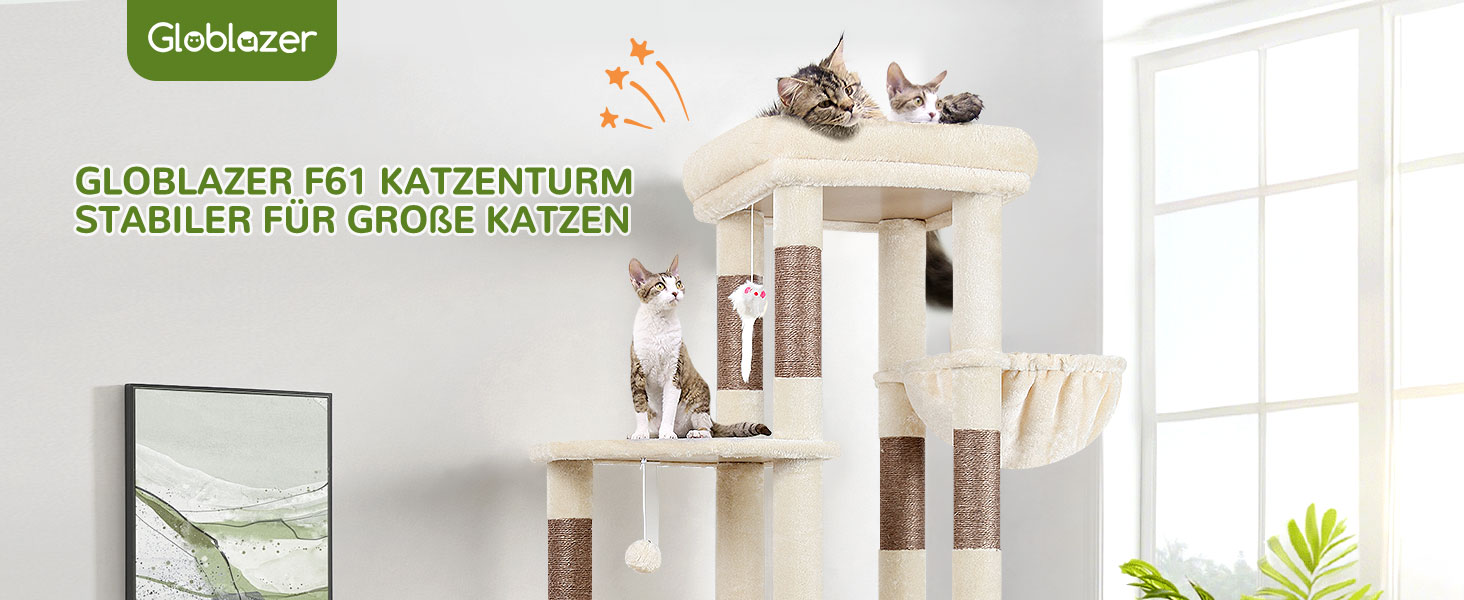 Драбина для котів Globlazer XL, бежева, 156 см: стабільна, з будиночком, платформами та сизалевими стовпчиками