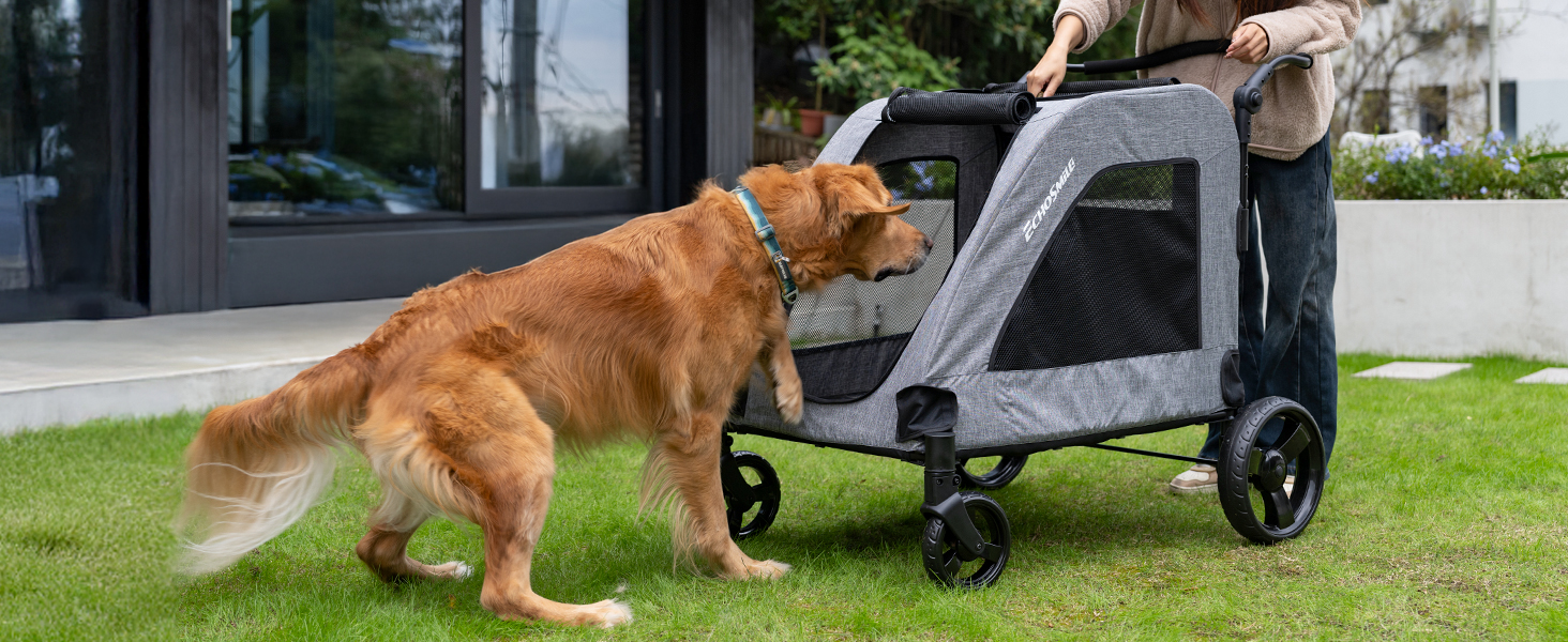 Візок для собак EchoSmile для середніх та великих собак до 70 кг, сірий, складний, з сітчастими віконцями та регульованою ручкою, 4 проходимі колеса