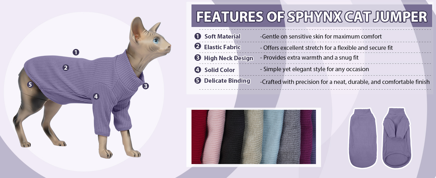 Тепла жилетка для безшерстних котів з високим коміром, фіолетового кольору (L)